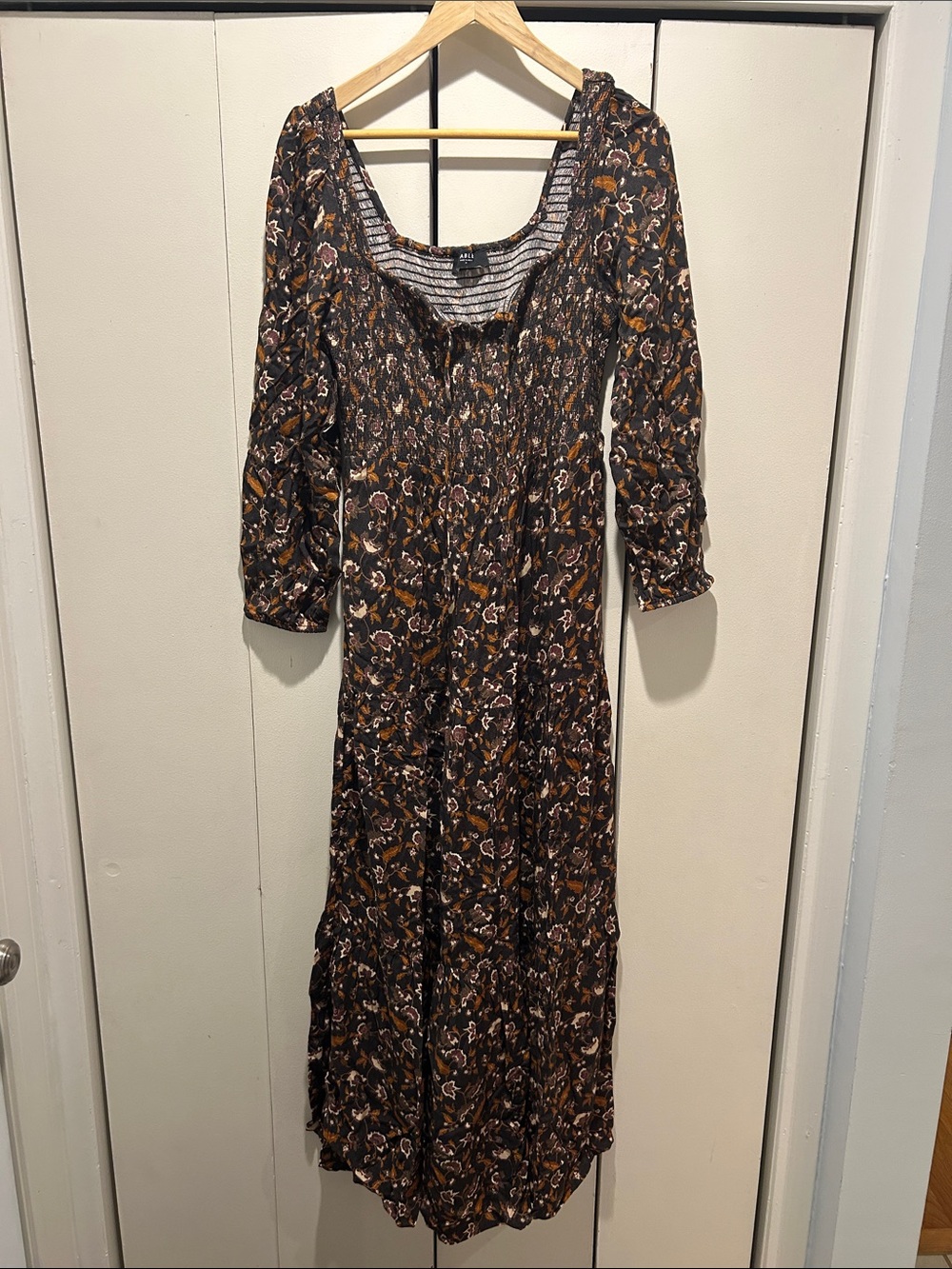 Able Brown Floral Smocked Maxi Dress